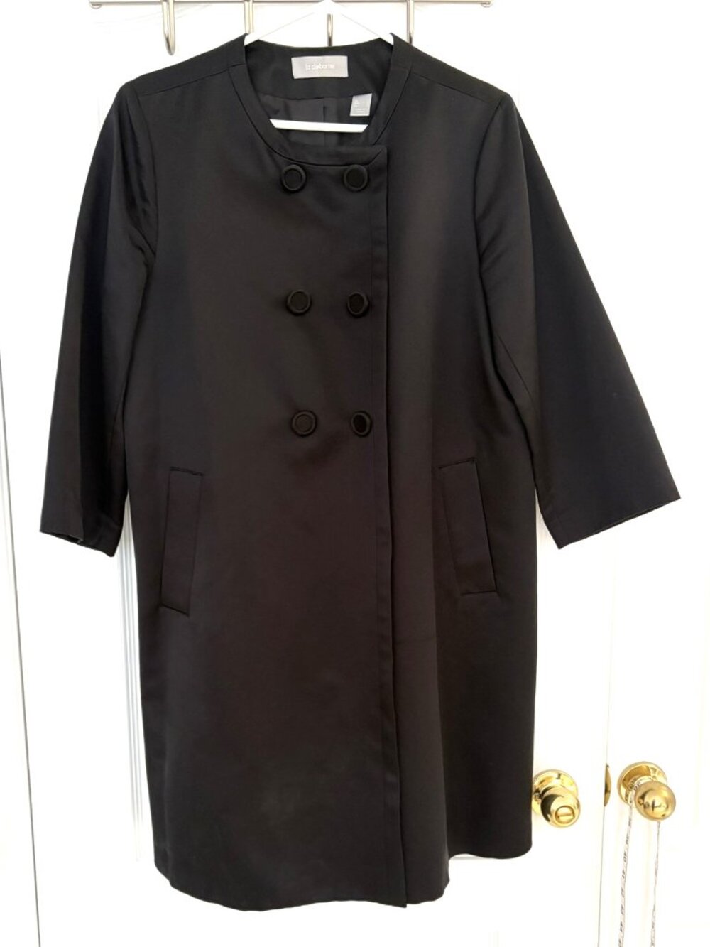 Liz Claiborne Black Satin Collarless Double-breasted Dress Coat Size L